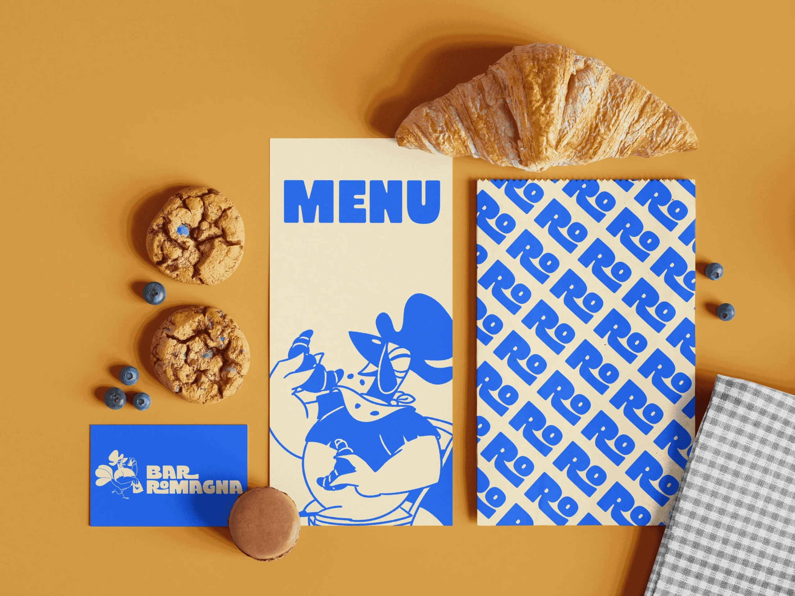 Brand Identity para Bar Romagna con muestras de tarjetas de visita, menú y bolsas.