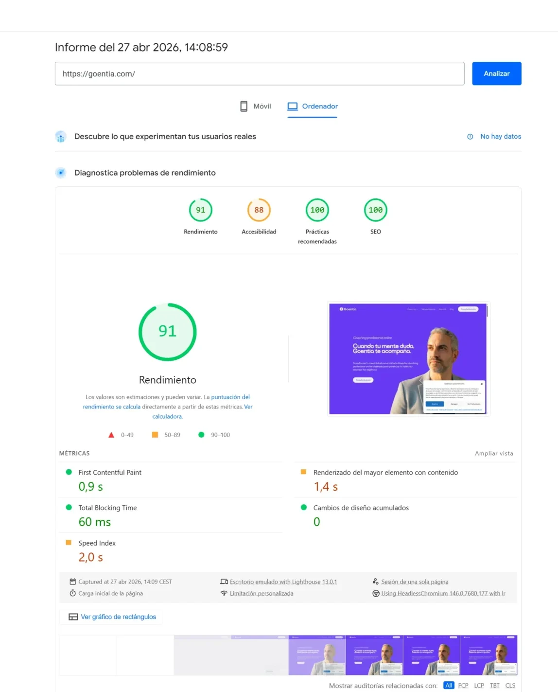 PageSpeed Insight Goentia