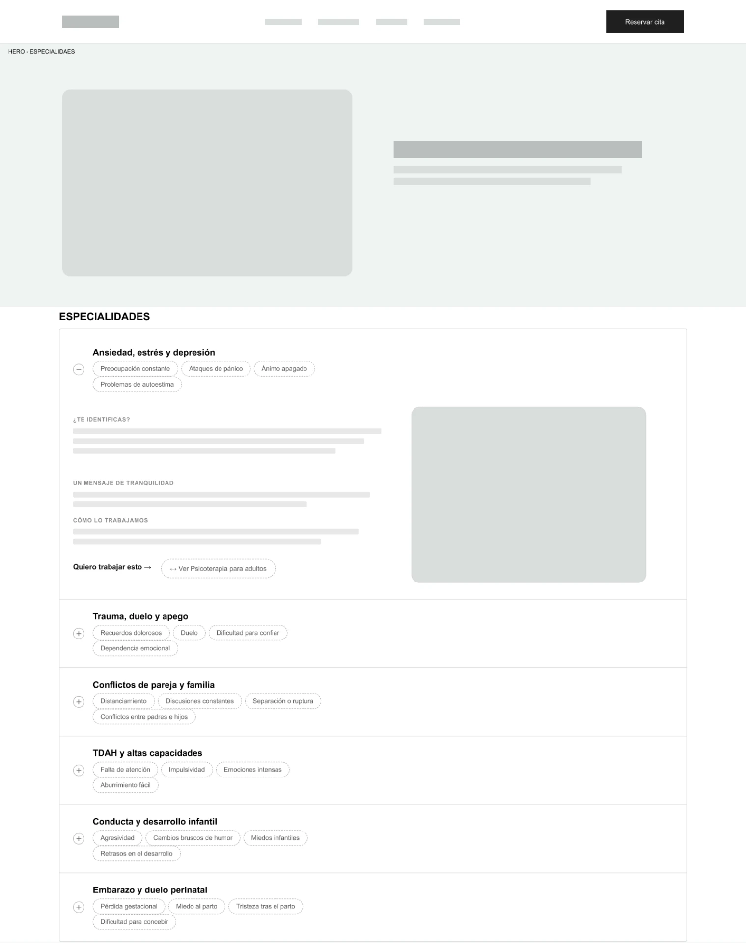 Wireframe de UX en baja fidelidad enseñando la estructura de la página especialidades.