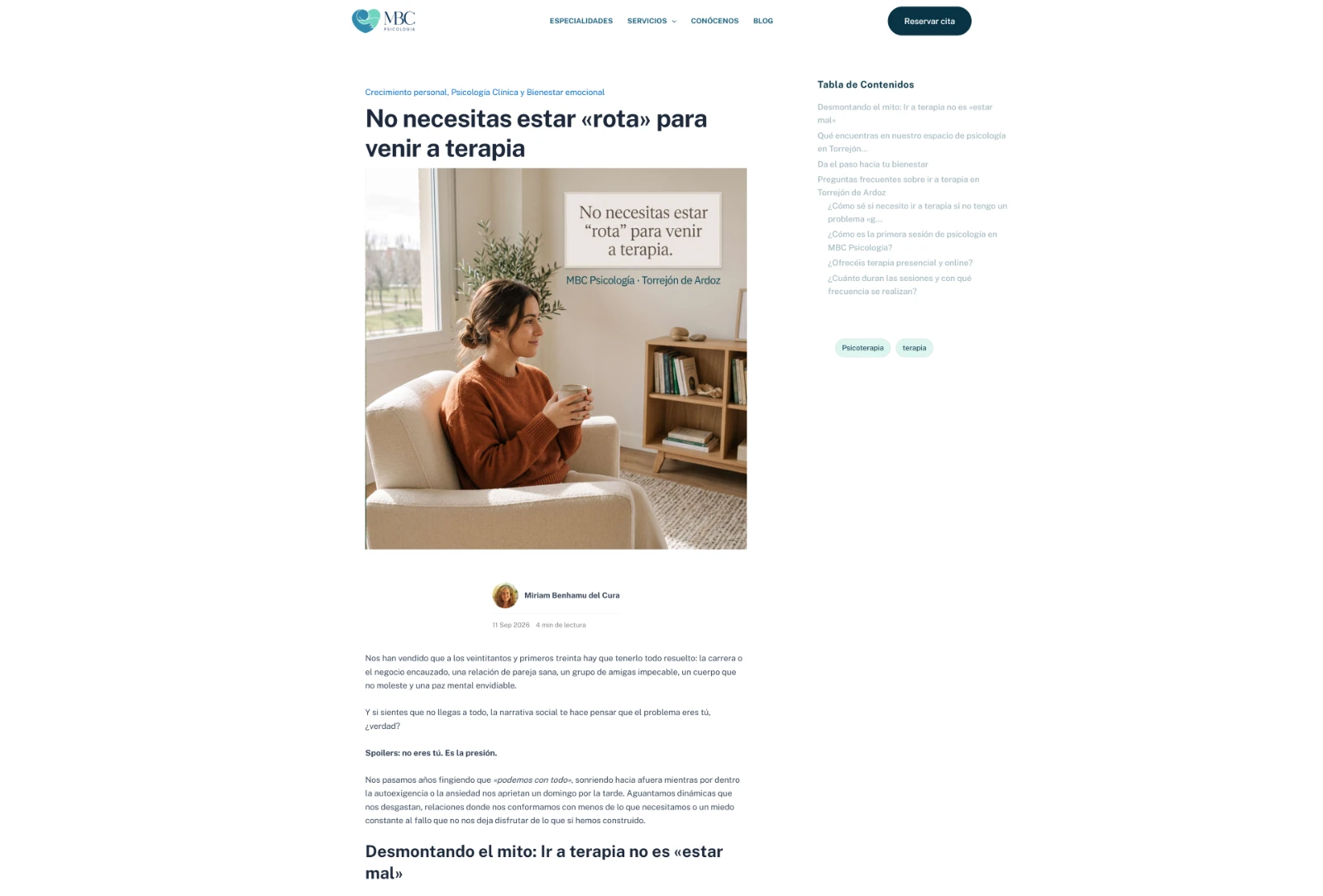 Captura de artículos del blog de MBC con tabla de contenidos, etiquetas y texto.
