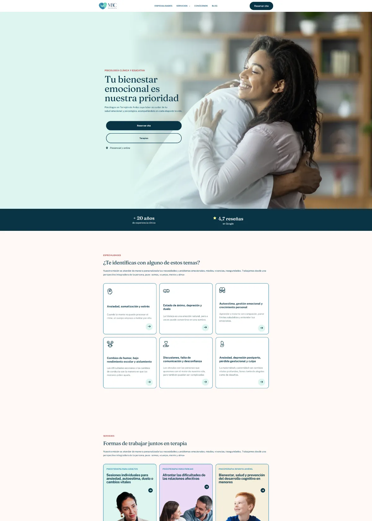 Diseño UI Hi-Fi de la home de MBC PSICOLOGIA